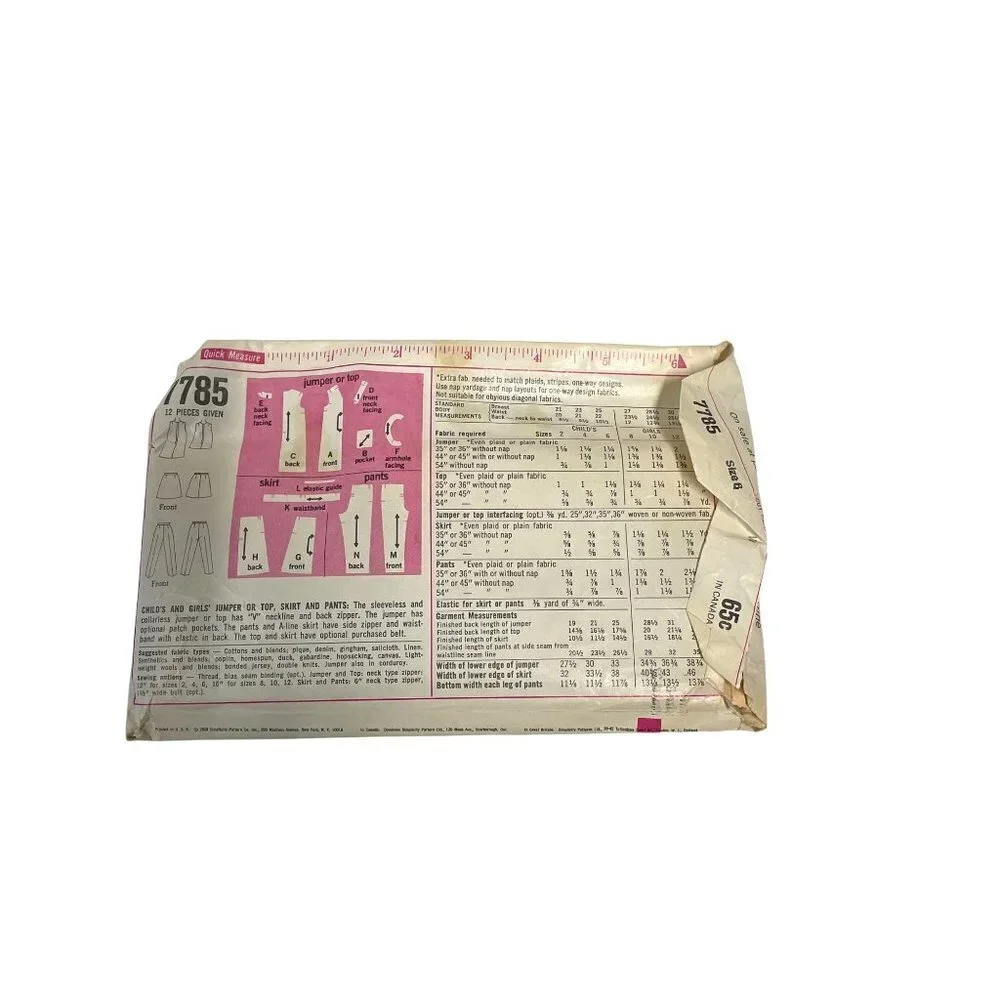 VINTAGE CUT Sewing Pattern Simplicity‎ 7785 Girls Jumper Top Skirt Pants Size 8